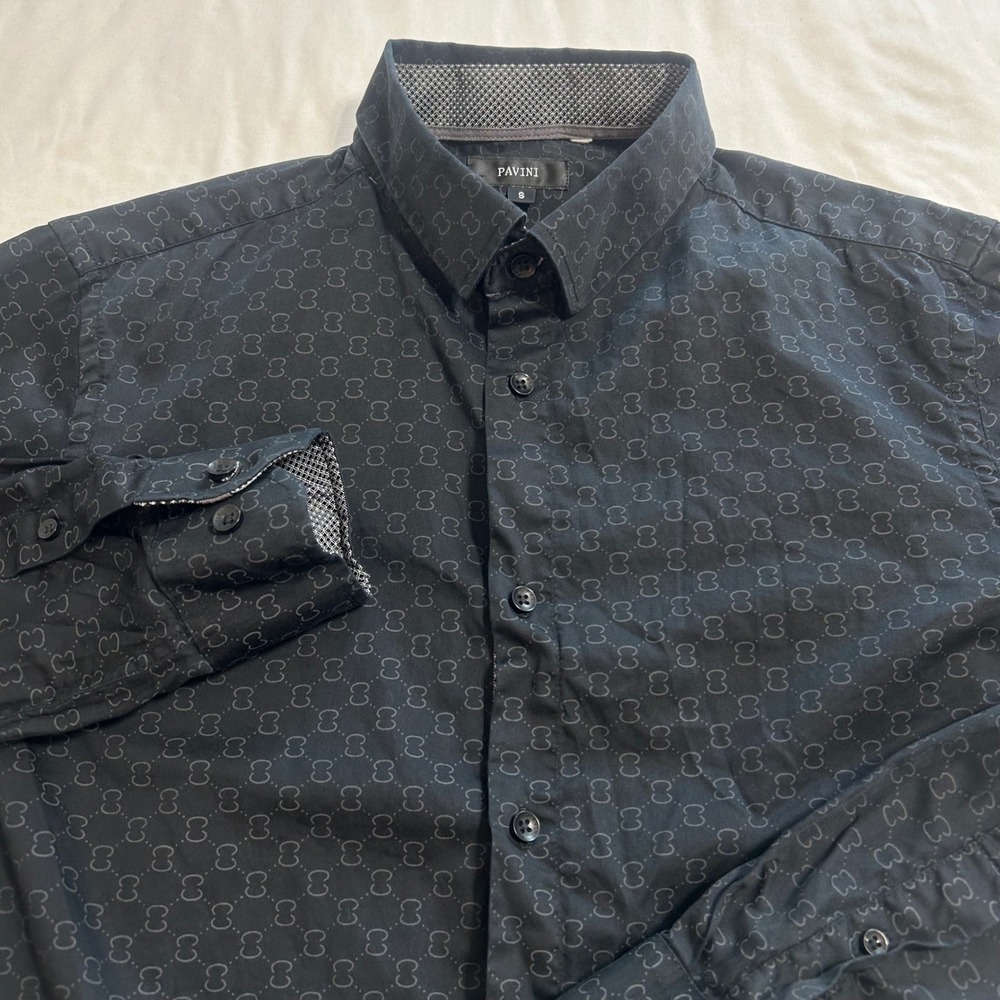 Pavini Mens Black Geometric Print Button Down Shirt Long Sleeve Cotton Size S